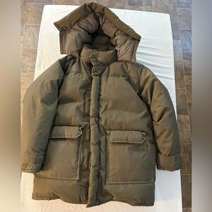 Mens Large Cabela’s Goose Down Jacket Olive Green Coat Excellent Condition